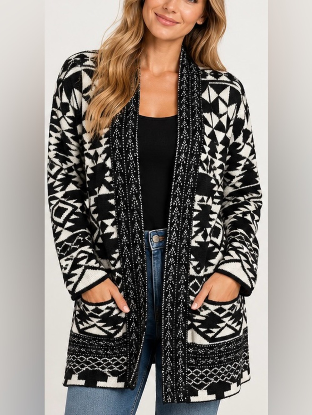 Frye The Cozy Cardigan - Black Aztec Geometric Pattern